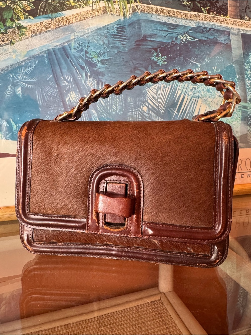 Vintage Tano Madrid Haircalf Leather Wood Clasp Handbag Brown Made in Spain